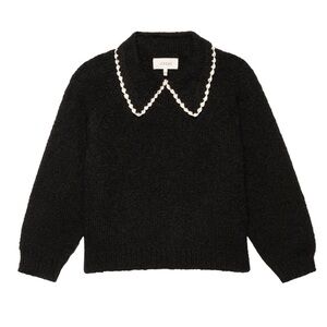 THE GREAT. Black Crochet Collar pullover Sweater with Soft White Trim